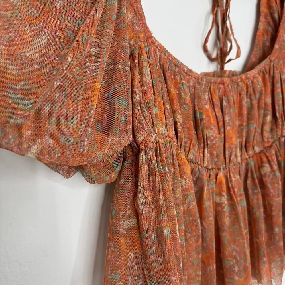Free People Penelope Blouse Smocked Peplum Dark Orange Mesh Puff Sleeve Top  XS